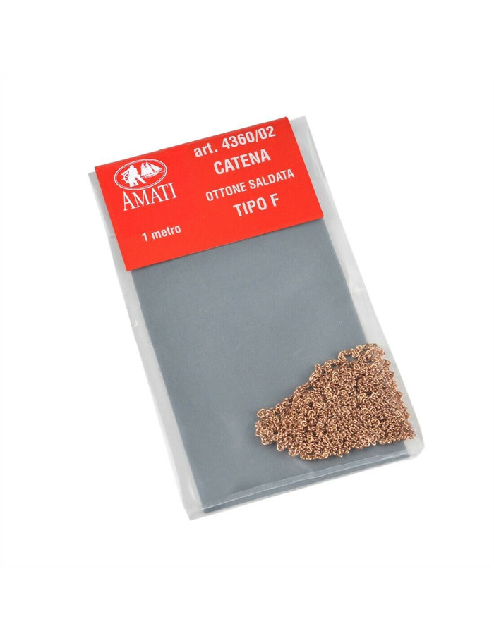 Photo of AMATI B4360,02 Brass Chain Type F, 1m, showing a finely crafted, detailed brass chain, ideal for enhancing model ships and intricate dioramas with its realistic appearance and quality material.