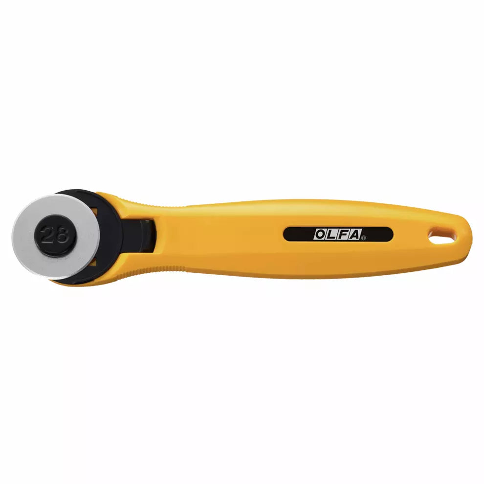 Photo of OLFA Quick-Change Rotary Cutter 28mm with ergonomic contoured handle and quick-change blade system, designed for precision cutting.