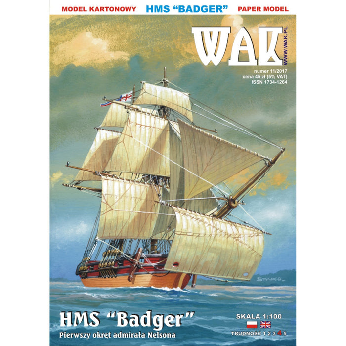 Photo of the HMS Badger 1:100 scale card model from WAK Publishing, a detailed Royal Navy brig from 1778 with realistic sails, masts, and cannons.
