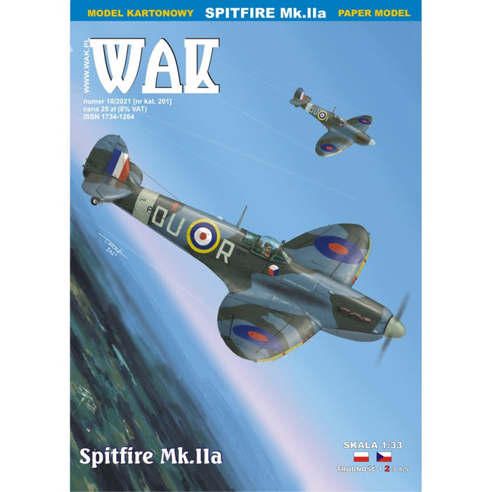 Image of the SPITFIRE MK. IIA 1:33 Scale Card Model Kit from WAK Publishing, showcasing the kit's components and detailed design for historical aviation enthusiasts.