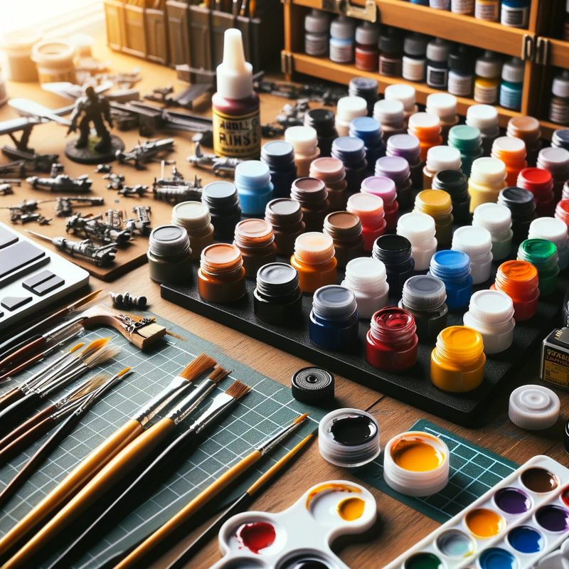 Assortment of vibrant model paints in small jars and bottles, with painting accessories like fine brushes and a palette, arranged on a clean, organized workspace, ideal for scale model enthusiasts