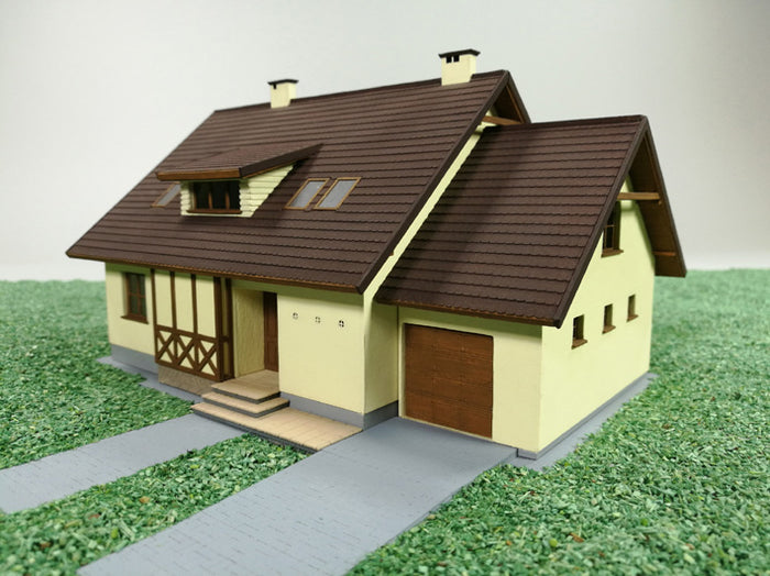 Photo of Olza Max Single-Family House 1:87 scale card model kit from Vessel Railway Miniatures, laser cut frame, perfect for HO dioramas