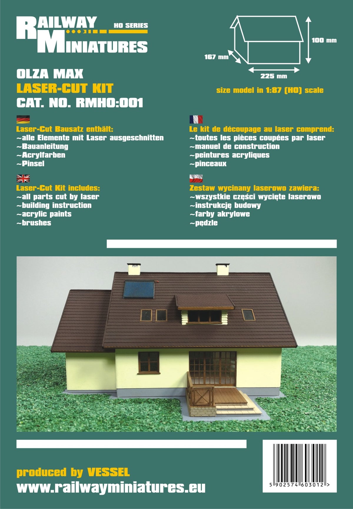 Photo of Olza Max Single-Family House 1:87 scale card model kit from Vessel Railway Miniatures, laser cut frame, perfect for HO dioramas