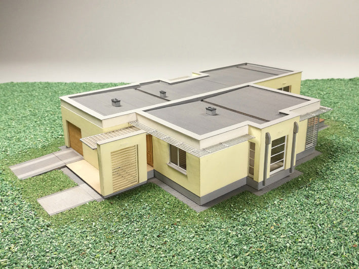 Photo of Opal Single-Family House 1:87 scale laser-cut card model kit by Vessel Railway Miniatures for HO scale railway dioramas