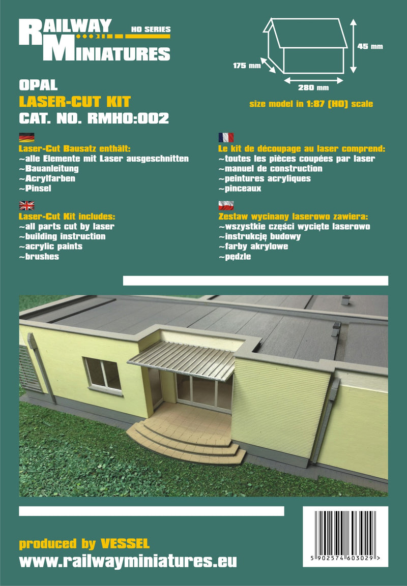 Photo of Opal Single-Family House 1:87 scale laser-cut card model kit by Vessel Railway Miniatures for HO scale railway dioramas