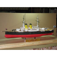 Photo of the Rostislav 1:200 card model kit by Orel Publishing, showing the Russian squadron battleship model sheets and cover design