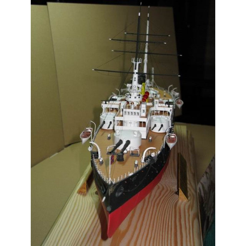 Photo of the Rostislav 1:200 card model kit by Orel Publishing, showing the Russian squadron battleship model sheets and cover design