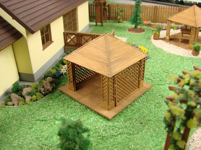 Photo of Summerhouse I 1:87 scale Vessel Railway Miniatures laser-cut card model kit HO scale garden building