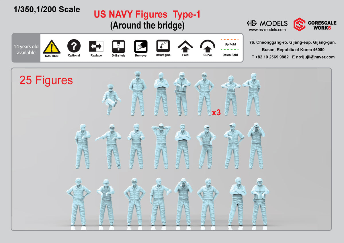 Photo of HS Model US Navy Figures Type 1 Around the Bridge 1:200 resin crew figures set HSM-U200080S
