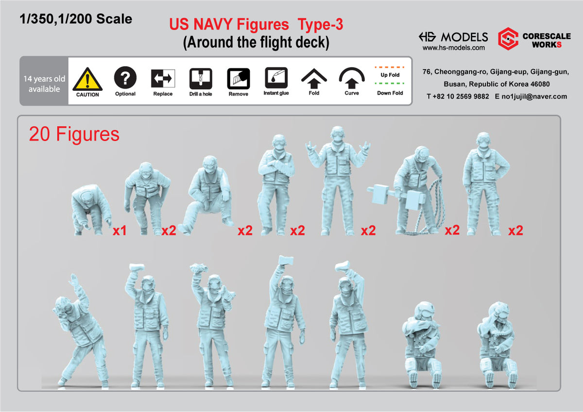 Photo of HS Model US Navy Figures Type 3 1:200 resin flight deck crew set with 25 detailed naval figures