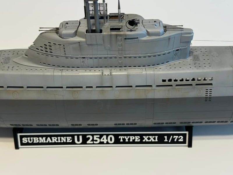 Photo of German U-Boat Type XXI U-2540 submarine model kit in 1/72 scale with 3D printed details and photo-etched parts