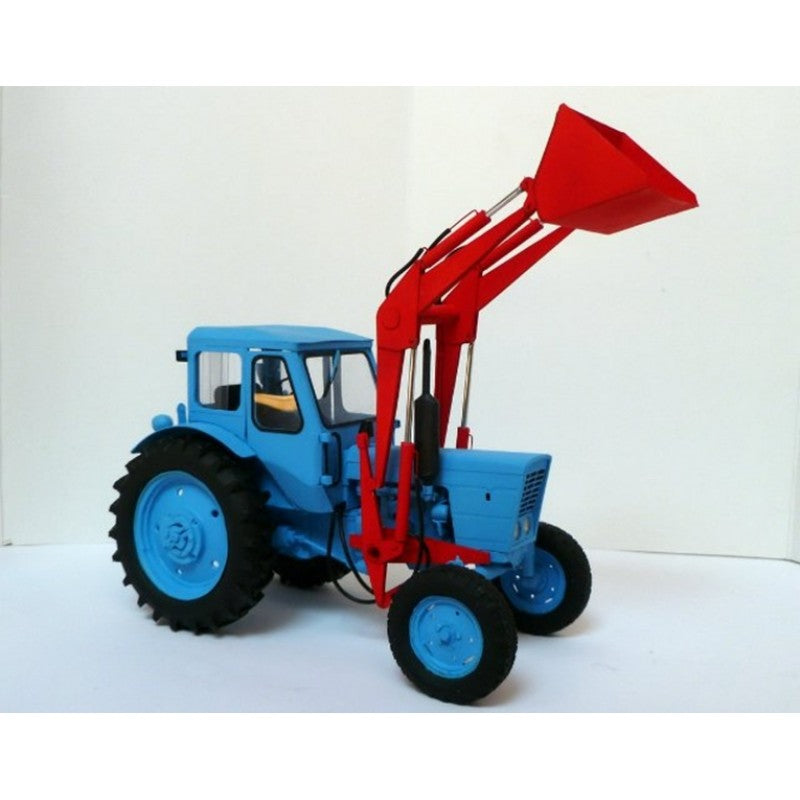 A small blue tractor model with a red front loader attachment and black wheels, photographed against a plain white studio background.