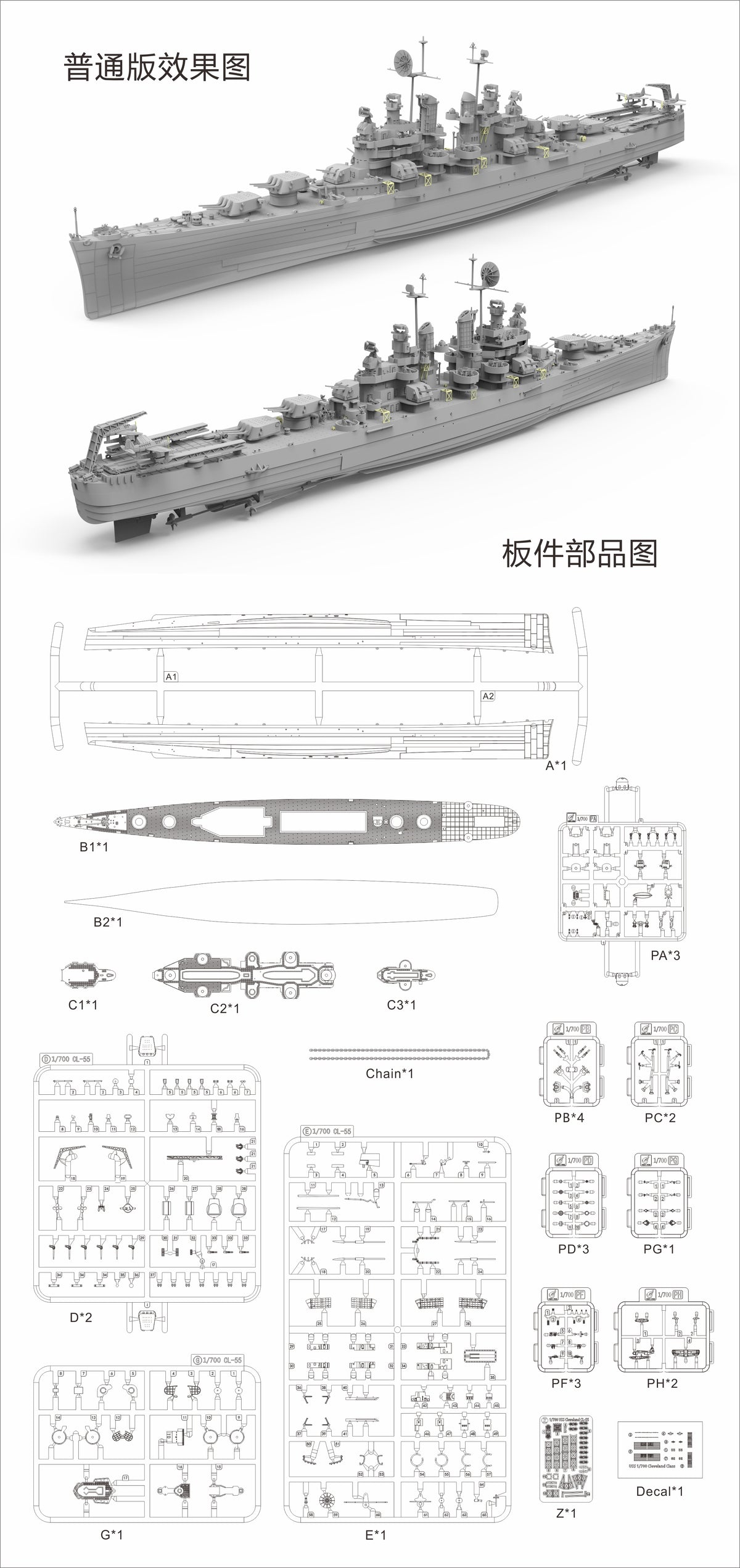 Photo of USS Cleveland CL-55 1:700 scale model kit by Very Fire VF700920 WWII light cruiser