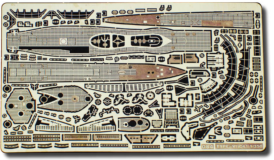 Photo of finely detailed photo-etched brass parts for German U-Boat Type VIIC/41 1:350 scale, designed for Revell 05154.