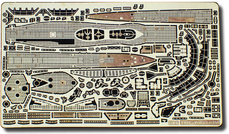 Photo of finely detailed photo-etched brass parts for German U-Boat Type VIIC/41 1:350 scale, designed for Revell 05154.