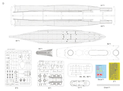 Technical line drawing sheet showing a long boat or model vessel layout with multiple views, decals, and small parts, on a white background.