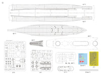 Technical line drawing sheet showing a long boat or model vessel layout with multiple views, decals, and small parts, on a white background.