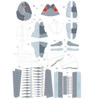 A sheet of model airplane decal parts on a white background, featuring gray and light blue wing sections, red star decals, and black line drawings with small labels.