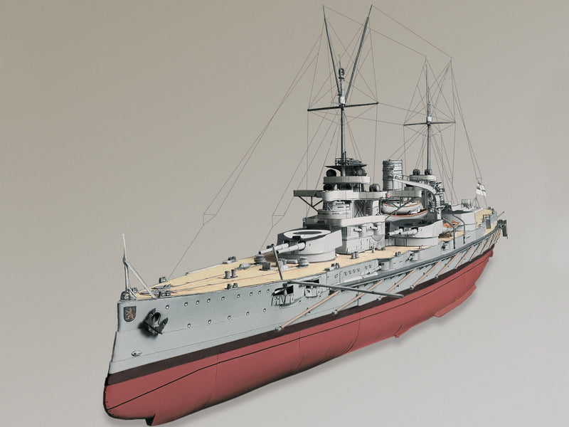 Photo of HMV S.M.S. Nassau paper model kit 1/250 scale battleship card model with detailed hull, turrets, and display stand