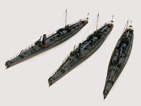 Photo of HMV Harbor Torpedo Boat S33–S35 card model kit in 1/250 scale with detailed paper parts and diorama pier.