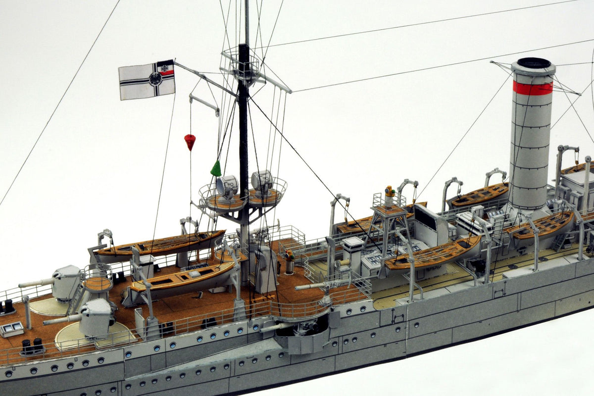 Photo of HMV SMS Emden 1914 Paper Model Kit 1/250 scale with detailed hull, bridge interior, and masts