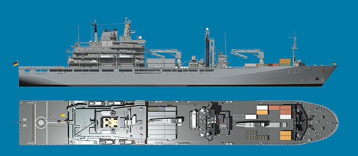 A technical-style ship illustration showing a gray cargo vessel from the side and top deck views on a solid blue background.