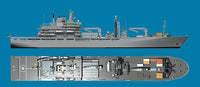A technical-style ship illustration showing a gray cargo vessel from the side and top deck views on a solid blue background.