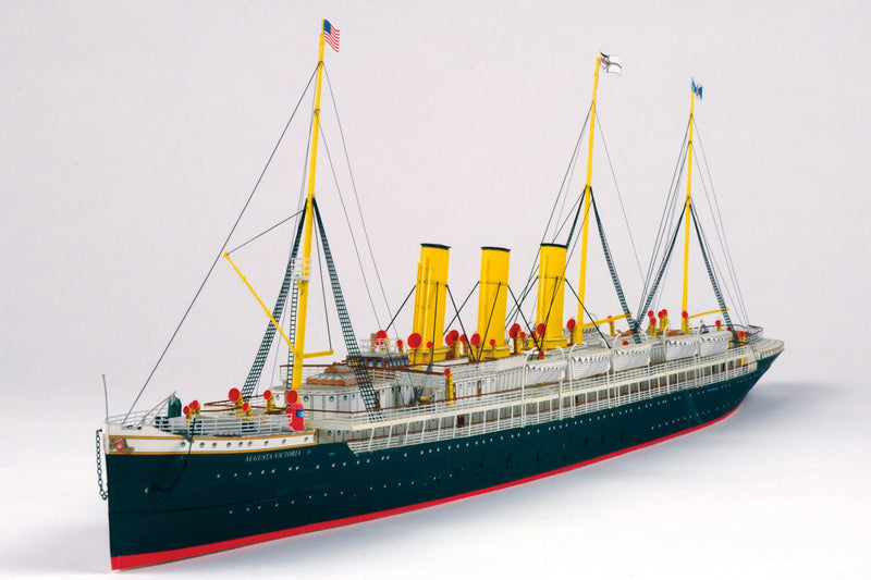 Photo of HMV Augusta Victoria 1:250 paper model kit, detailed German ocean liner by Peter Brandt with lifeboats and fine deck details.