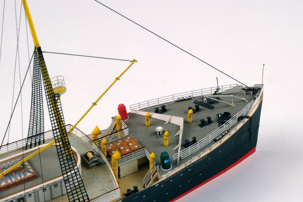 Photo of HMV Augusta Victoria 1:250 paper model kit, detailed German ocean liner by Peter Brandt with lifeboats and fine deck details.