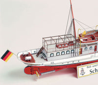 Photo of HMV Sounding Vessel Schaarhörn 1:250 paper model kit showing the detailed restored Hamburg steamship with optional full hull and lifeboats