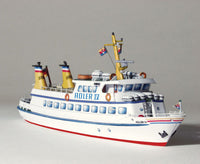 Photo of the HMV Adler IV Passenger Ship Card Model Kit in 1:250 scale showing detailed paper parts and finished ship model.