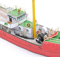 Photo of HMV Light Vessel Elbe 3 Card Model Kit 1/250 showing detailed red hull, weathered deck, and filigree stern design