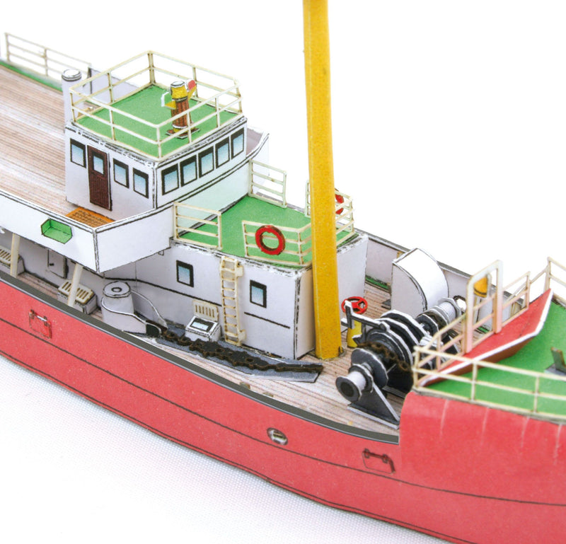 Photo of HMV Light Vessel Elbe 3 Card Model Kit 1/250 showing detailed red hull, weathered deck, and filigree stern design