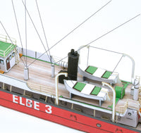 Photo of HMV Light Vessel Elbe 3 Card Model Kit 1/250 showing detailed red hull, weathered deck, and filigree stern design