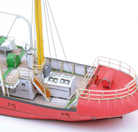 Photo of HMV Light Vessel Elbe 3 Card Model Kit 1/250 showing detailed red hull, weathered deck, and filigree stern design