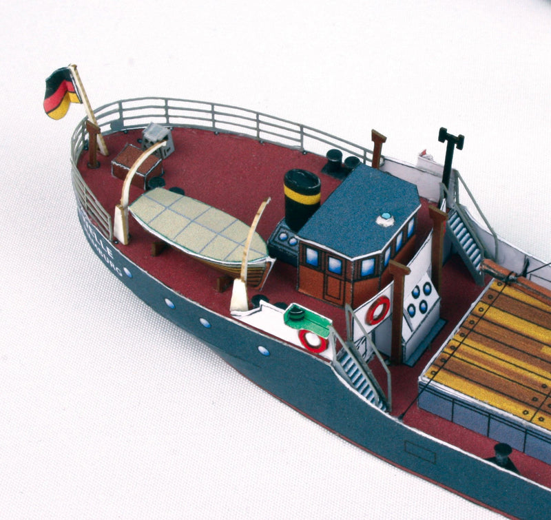 Photo of HMV Unterelbe & Welle 1:250 scale card model kit showing two detailed German coastal ships for papermodel building