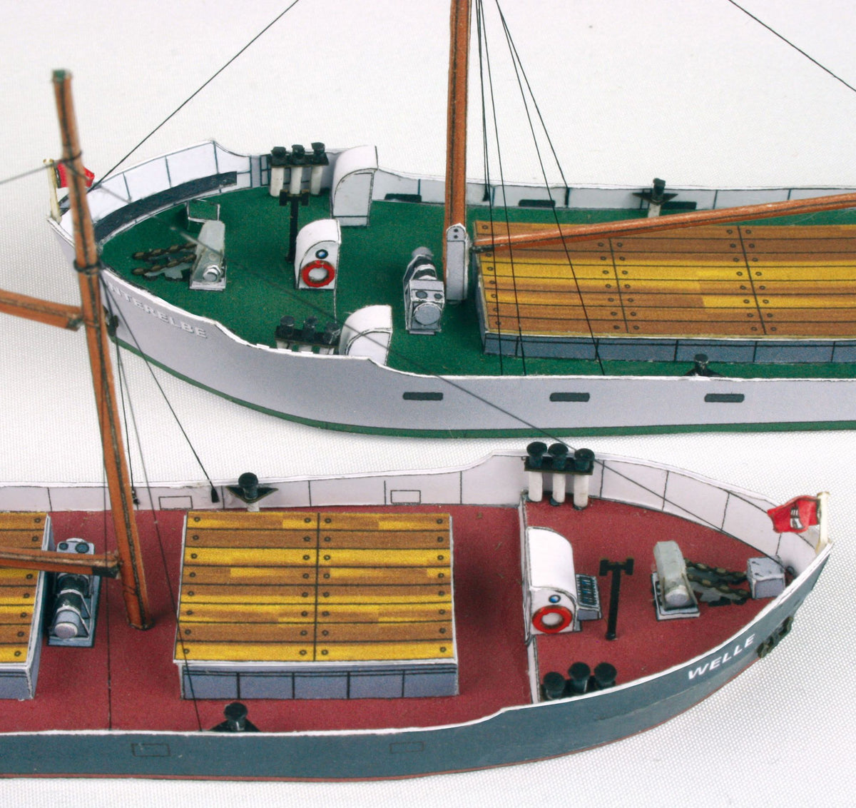 Photo of HMV Unterelbe & Welle 1:250 scale card model kit showing two detailed German coastal ships for papermodel building