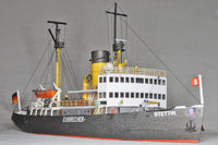 Photo of HMV Steam Icebreaker STETTIN card model kit 1:250 showing detailed paper model of the German museum ship with masts, rigging, and bridge interior