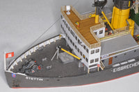 Photo of HMV Steam Icebreaker STETTIN card model kit 1:250 showing detailed paper model of the German museum ship with masts, rigging, and bridge interior