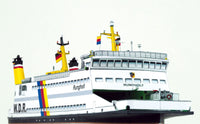 Photo of HMV papermodel kit Ferryboat Rungholt in 1:250 scale showing detailed ferry with open car deck, funnels, and passenger seating.