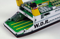 Photo of HMV papermodel kit Ferryboat Rungholt in 1:250 scale showing detailed ferry with open car deck, funnels, and passenger seating.