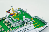 Photo of HMV papermodel kit Ferryboat Rungholt in 1:250 scale showing detailed ferry with open car deck, funnels, and passenger seating.