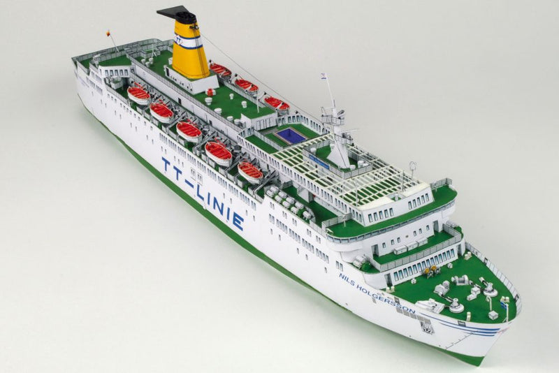 Photo of HMV TT-Line Ferry Nils Holgersson / Peter Pan 1:250 scale paper model kit by HMV, showing detailed decks, lifeboats, and ferry structure.