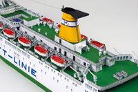 Photo of HMV TT-Line Ferry Nils Holgersson / Peter Pan 1:250 scale paper model kit by HMV, showing detailed decks, lifeboats, and ferry structure.