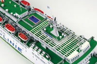 Photo of HMV TT-Line Ferry Nils Holgersson / Peter Pan 1:250 scale paper model kit by HMV, showing detailed decks, lifeboats, and ferry structure.