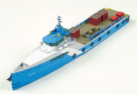 Photo of HMV Fast Crew Supplier Doña Diana 1:250 paper model ship kit designed by Till Schade, featuring blue Axe-Bow hull and deck cargo.