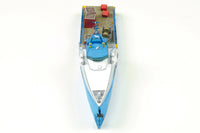 Photo of HMV Fast Crew Supplier Doña Diana 1:250 paper model ship kit designed by Till Schade, featuring blue Axe-Bow hull and deck cargo.