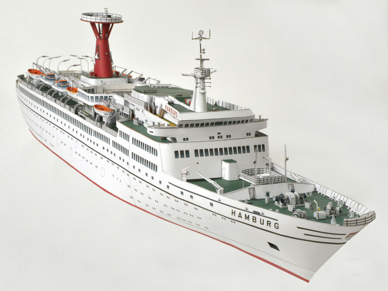 Photo of HMV TS Hamburg paper model kit 1:250 with detailed cruise ship design and original lifeboats