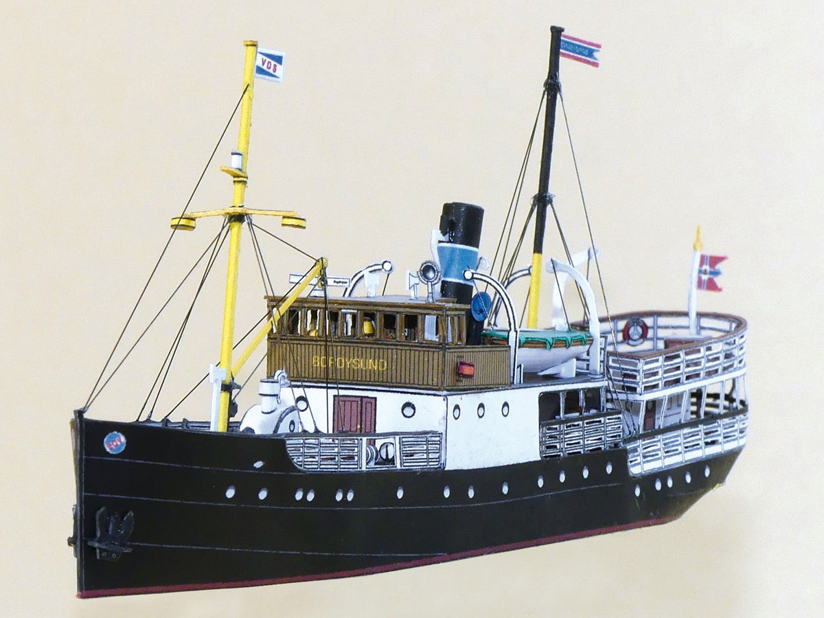 Photo of HMV 1:250 Norwegian Steamer Børøysund Paper Model Kit showing detailed bridge, capstan, and steamer stern designed by Andreas Jacobsen.