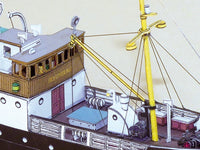 Photo of HMV 1:250 Norwegian Steamer Børøysund Paper Model Kit showing detailed bridge, capstan, and steamer stern designed by Andreas Jacobsen.